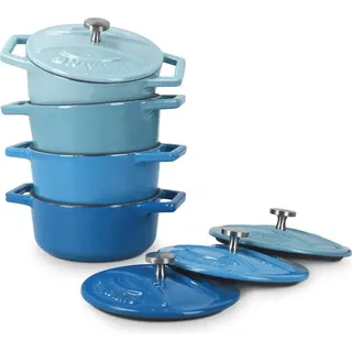 Navaris Mini Cocotte Set - 4x Gusseisen Mini Topf Blau - Optimale Wärme Distribution - Mini Auflaufform mit Deckel - Kleine Dessert Töpfe - Auflaufförmchen backofenfest