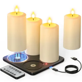Yme LED Kerzen Aufladbar 4er Set mit Timer, Wiederaufladbare LED Stumpenkerzen mit Magnetischer Ladestation, Fernbedienung, Flackernd & Wasserdicht (IP54) für Innen Outdoor Home Room Zimmer Party Deko