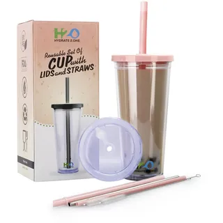 Bubble Tea Becher mit Strohhalm 2x Deckel - Trinkbecher Für Boba, Smoothie, Eiskaffee, Milchshake - 700ml Doppelwandig isoliert, BPA frei Plastikbecher Auslaufsicherer, Wiederverwendbar, Durchsichtig