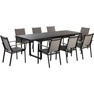 BELIANI Gartenmöbel Set 9-teilig Schwarz Aluminium Ausziehtisch 180 / 240 x 90 cm Latten-Tischplatte Rechteckig mit 8 Stühlen Bespannung Grau Stapelbar - Schwarz, Grau