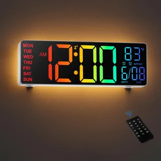 HAITANG Digitale Wanduhr - 10,5" Große Wanduhr Mit Temperaturanzeige, Datum Und Tag, RGB-Farb-Auto-Helligkeitsdimmer, Nachtlichter, 24/12-Stunden-Led Für Schreibtisch, Schlafzimmer