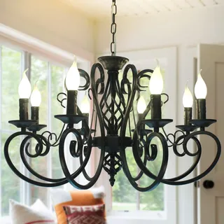 Ganeed Kronleuchter Deckenleuchte Vintage Französischer Landhausstil Shabby Chic Leuchte Höhenverstellbar für Innenräume Treppenhaus Flur Bauernhaus Kücheninsel Schwarz 8 Lichter
