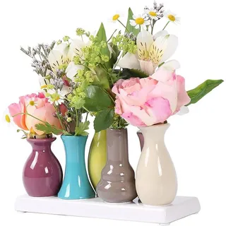H&D Manufaktur Jinfa Handgefertigte kleine Keramik Deko Blumenvasen Set aus 7 Vasen in bunt
