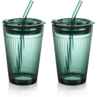 Joeyan 450ml Grün Trinkbecher mit Deckel und Strohhalm Glas-2er Set Glas Smoothie Becher mit Strohhalm-Kaffeebecher mit Trinkhalm für Saft, Kaffee,Wasser,Tee, Luftdicht Wasserdicht Design Reisebecher