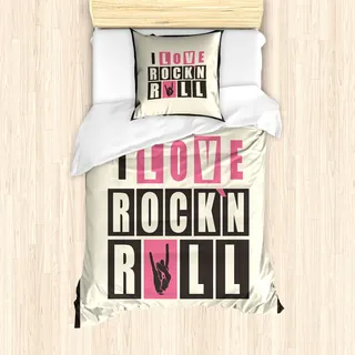 ABAKUHAUS Rockmusik Mantele, Retro Slogan Grunge, Milbensicher Allergiker geeignet mit Kissenbezügen, 135 cm x 200 cm - 80 x 80 cm, Charcoal Grey Beige Rosa