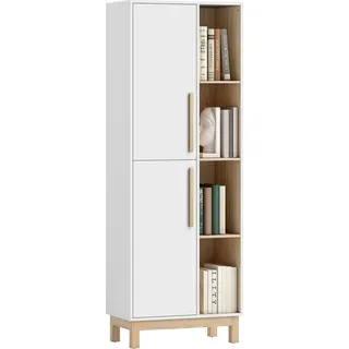HOMCOM Bücherregal mit 2 Türen Standregal mit 4 Offenen Ebenen, Verstellbaren Ablagen, Bücherschrank für Wohnzimmer, Schlafzimmer, Büro, 62,5 x 35 x 176 cm, Weiß - Weiß