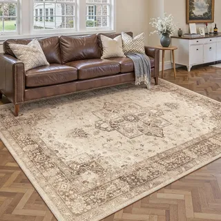 PureCozy Vintage Teppich Wohnzimmer Braun 140x200cm Wohnzimmerteppich Schlafzimmer Waschbarer Weich rutschfest Groß Carpet Bettvorleger Esszimmer Kurzflor Teppiche Carpet Living Room