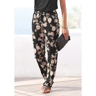 Strandhose LASCANA "aus luftig leichter Viskose", Damen, Gr. 36, N-Gr, bunt (schwarz, orange, bedruckt), Jersey, Obermaterial: 100% Viskose, bedruckt, figurumspielend lang, Hosen Strandhose, mit floralem Alloverdruck und Taschen, elastisch, lockere Passform, Topseller