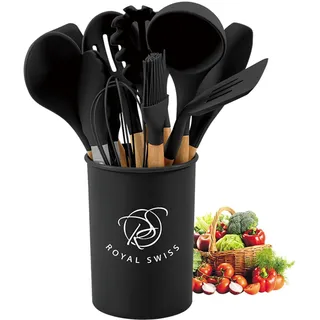 Küchenutensilien Set 12-teilig – Silikon & Edelstahl – Hitzebeständig 210°C – Mit Halter – Royal Swiss® - Schwarz