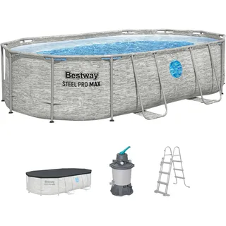 Bestway Power Steel Swim Vista Series Frame Pool Komplett-Set mit Sandfilteranlage 488 x 305 x 107 cm, Steinwand-Optik (Cremegrau), oval