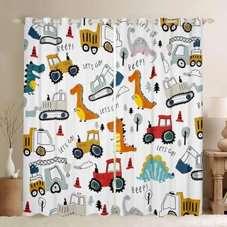 Thermoisolierte Vorhänge mit Cartoon Bauwagen Motiv Fenstervorhang mit Dschungel Dinosaurier Aufdruck Vollständig Verdunkelnd Sichtschutz Fenstervorhänge für Kinderzimmer, B140 cm x L213 cm x 2 Stück