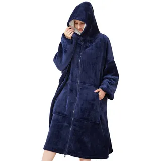 SPFASZEIV Reißverschluss Hoodie Decke Damen Kuscheldecke mit Ärmeln Übergroße Kuschelpullover Frauen Herren Tragbare Decken mit Kapuze Tasche Blau