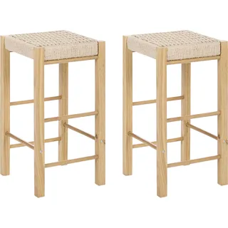 BELIANI Barhocker 2er Set Hellbraun Gummibaumholz 66 cm hoch ohne Lehne mit Fußstütze Geflochtene Sitzfläche Boho Design Holzhocker Sitzhocker - Braun, Beige