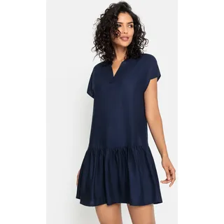 Blusenkleid S.OLIVER "mit Volant am Rock", Damen, Gr. 42, N-Gr, blau (marine), Web, Obermaterial: 100% Viskose, unifarben, figurumspielend ca. Mitte Oberschenkel, V-Ausschnitt, Kleider Blusenkleid, luftiges Tunikakleid, Sommerkleid,leichtes Strandkleid,Cover-up, Basic, Topseller