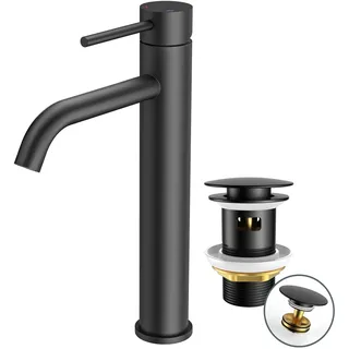 FORIOUS Wasserhahn Bad mit Ablaufgarnitur, Waschtischarmatur Hoch Waschbecken Armaturen in Schwarz mit Auslaufhöhe 190 MM High,Einhebelmischer Mischbatterie für Waschbecken Waschtisch Badezimmer