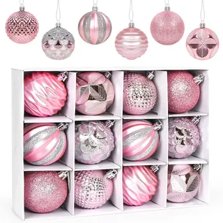Weihnachtskugeln Rosa 6cm, 12 Stück Christbaumkugeln Kunststoff, Kugeln Weihnachtsdeko, Weihnachtskugeln Ornamente, Glänzend Weihnachtsbaum Deko für Party Hochzeit Weihnachten