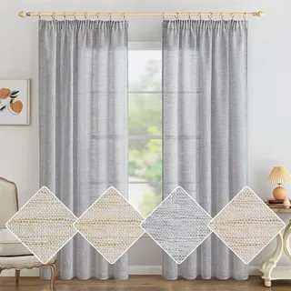 MIULEE Leinen Gardinen Vorhänge mit Kräuselband Wohnzimmer Gardine Vorhang Leinenoptik kräuselband Modern Voile Schienensystem Schlafzimmer 2er Set Weiß Grau 140x160 cm