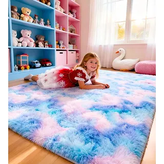 MARATIP Teppich Wohnzimmer Batik Blau-Lila 120x160 cm Weich | Hochflor-Teppich, waschbar, rutschfest, kuschelig. Ideal für Schlafzimmer, Arbeitszimmer und Kinderzimmer.