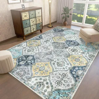 LuxFocus Waschbare Vintage-Teppiche 160x230cm, Faltbare Niederflor-Innenmatte, Groß Wohnzimmerteppich, Weich rutschfest Teppich für Büro Esszimmer Kinderzimmer, Blau Gelb