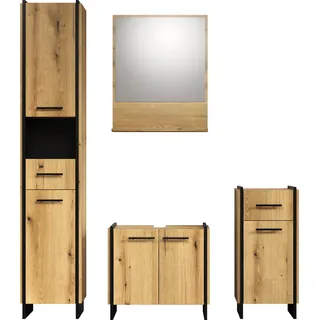 trendteam Bad 4-teilige Kombination Safiya, Evoke Oak Melamin/Schwarz, B/H/T ca. 154/190/34 cm - Braun