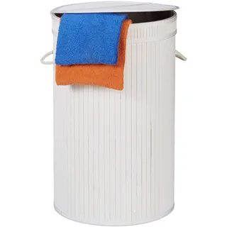 Relaxdays Wäschekorb Bambus, runder Wäschesammler mit Klappdeckel, 65 l, Faltbare Wäschetonne, groß, rund Ø 40 cm, weiß