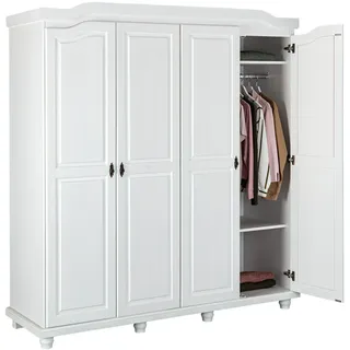 Inter Link - Kleiderschrank - Kiefer massiv - Garderobenschrank - Landhaus Still - Wäscheschrank - Mehrzweckschrank - Schlafzimmerschrank - 4 Türig - Kiefer massiv - Weiss lackiert - Isny