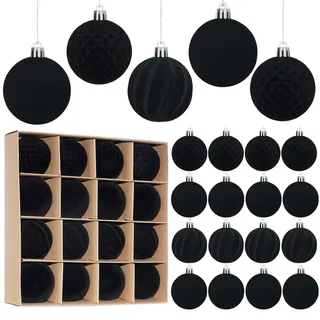 Miaikoe 16 Stück Samt Weihnachtskugeln hängende Ornamente Set, vorgebunden zerstörungsdicht Plastik Flocked Weihnachtskugeln Weihnachtsdekorationen Festival Feiertag Party Dekor (schwarz, 6CM)