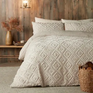 Fusion - Natürliches cremefarbenes Teddy-Fleece-Bettbezug, Kingsize-Größe (260 x 220 cm), wendbares Design, Leinen, Beige, Jacquard-Bettbezug, geometrische quadratische getuftete Bettwäsche, weiches