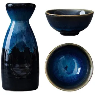 PRETYZOOM Japanisches Sake-Set aus Keramik mit Kanne und 2 Tassen | Blaues Sakegeschirr für Reiswein, Neujahr, Geburtstage und Mottopartys