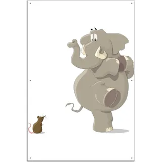 Wallario Outdoor-Poster für Garten oder Balkon, Motiv Elefant erschrickt vor Maus, in ca. 61 x 91,50 cm - Weiß