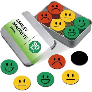 BIROYAL 90 STK. Smiley Magnete Belohnungstafel | Magnete Smiley ø30mm | Kühlschrank Magnet für Whiteboard, Belohnungs Kinder, Tafeln | Starke haftende Flach-Magnet | Lehrer Zubehör | 3 Emoticons