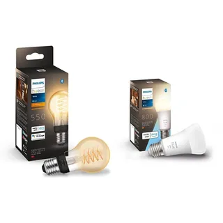 Philips Hue White E27 Filament A60 550lm, warmweißes Licht & White E27 Lampe,806lm, dimmbar, warmweißes Licht, steuerbar via App, kompatibel mit Amazon Alexa (Echo, Echo Dot)