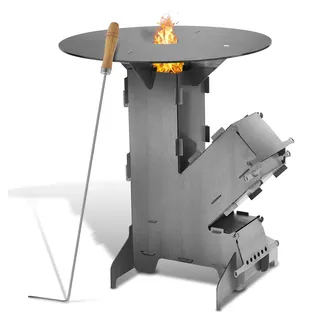 Ikodm Raketenofen Outdoor Grillofen, Steckbarer Campingkocher aus Kohlenstoffstahl mit Grillplatte 50 cm und Feuerhaken für Garten Camping - Grau