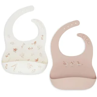 Jollein Lätzchen Baby - Silikon - Lovely Birds - 2er Pack - Flexibles Silikonmaterial - Mit Auffangschale - Babylatz - Leicht zu Reinigen