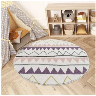 Carpet City Kinderteppich Creme Lila - 120 cm Rund - Zickzack-Motiv, geometrisches Muster - Teppiche Kinderzimmer Modern, weich & gemütlich