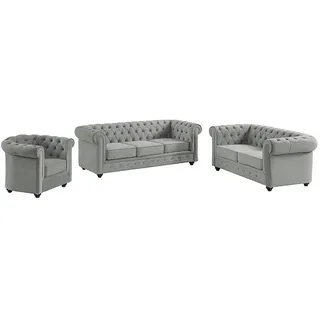 Couchgarnitur 3+2+1 - Samt - Hellgrau - CHESTERFIELD