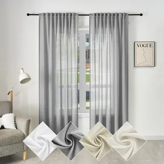 WOLTU Gardine, Schiebegardine für Wohnzimmer Schlafzimmer, mit Kräuselband, Leinenoptik, Halbtransparent Voile modern, 135 x 225 cm, Grau