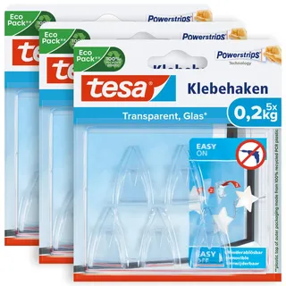 Tesa Powerstrips DECO Haken SMALL im 3er Pack - Klebehaken für Deko an Glas und Spiegel - bis zu 200 g Haltekraft - 3 x 5 Haken