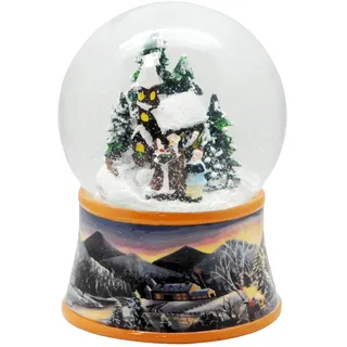 Schneekugel Weihnachtsspaziergang | Sockel nostalgische Winterlandschaft Ocker | mit Spieluhr | Schüttelkugel Weihnachtsdekoration | B: 10 cm H: 14 cm | 20092