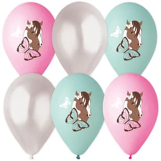 6 Luftballons bunt sortiert bedruckt mit Pferd, 28-30 cm/11 inch