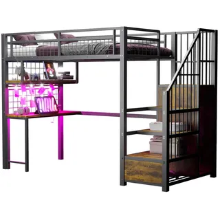 Okwish Hochbett 90/200 cm Schwarz mit Lichtleiste und Stauraumleiter , Metall , 90x200 cm , Babymöbel & Kindermöbel, Kinderzimmer & Jugendzimmer, Kinderbetten, Hochbetten