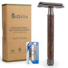 iQVita® Premium Rasierhobel mit Griff aus Bambus - Rasierer Damen - inkl. 10 Rasierklingen - Nassrasierer - geschlossener Kamm - umweltfreundlich & nachhaltig - Zero Waste - inkl. eBook