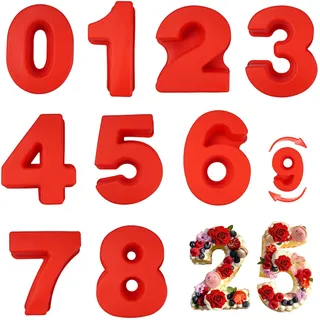 Velicber 9 Stück Kuchenform Zahlen Silikon Backform Backformen Set Zahlen Number Cake Backform Zahlenbackform Groß für Geburtstag Party Kuchen Keksen Pralinen (Rot)
