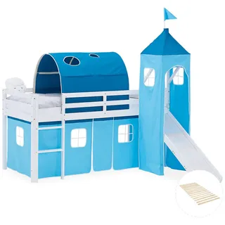 Homestyle4u Hochbett 90/200 cm in Weiß und Blau mit Rutsche+Lattenrost , Textil , Kiefer , 90x200 cm , Babymöbel & Kindermöbel, Kinderzimmer & Jugendzimmer, Kinderbetten, Hochbetten