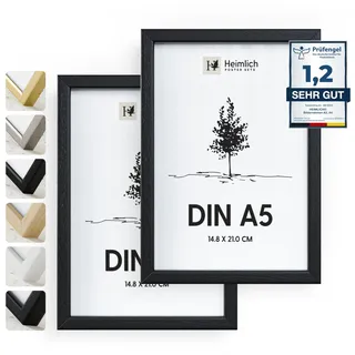 Heimlich® - Bilderrahmen - A5 14,8x21 cm, Ayousholz, Schwarz, 2er-Pack - Diplom-Poster-Collage-Rahmen mit Folienabdeckung - Zur Wandmontage oder Tischmontage