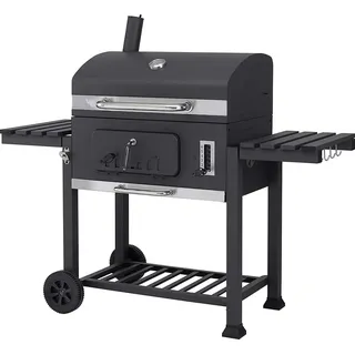 Extra großer BBQ Holzkohlegrill - Grillwagen - Große Grillfläche - Doppelzone - Höhenverstellbare Kohlewanne - Gussaluminium - Porzellanemailliert - Klappbarer Seitentisch