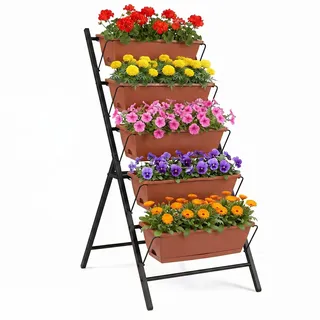 COSTWAY 5-stufiges Hochbeet, vertikales Pflanzenbeet mit 5 Blumenkästen & Drainagelöchern, Vertikalbeet freistehend, Blumentreppe für Gemüse Kräuter Blumen, 57 x 71 x 115 cm (Rot)