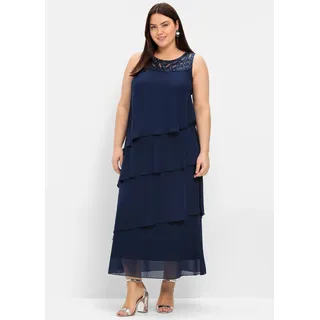 Abendkleid SHEEGO "Abendkleid", Damen, Gr. 52, Normalgrößen, blau (marine), 100% Polyester, unifarben, lang, Rundhals, Kleider Abendkleid