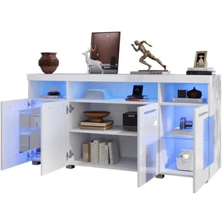 Beaok Sideboard 140/40/70 cm in Weiß Hochglanz mit Led, Glastüren & 3 Schubladen , Holzwerkstoff , 140x70x40 cm , Kleinmöbel, Kommoden, Sideboards