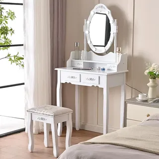 Shally Dogan Schminktisch mit Hocker Modell Elena mit 10 LED-Lampen, Spiegel mit Tisch und Schubladen aus weißem Holz, bequemer gepolsterter Sitz, Spiegel zum Schminken, kaltes und warmes Licht